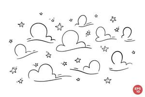 A set of linear clouds and stars on a white isolated background. Vector hand dtawn ink elements set. One color clip-art.
