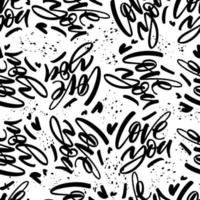 Love you words monochrome seamless pattern with splashes. Vector repeatable graphic black and white backdrop. Lettering background.