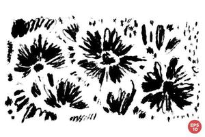 Vector set of ink drawing wild flowers, monochrome artistic botanical illustration, isolated floral elements, hand drawn illustration.