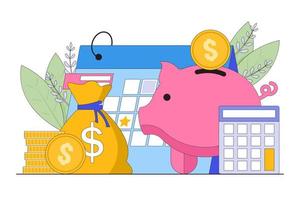 Flat office desk with piggy bank, money, calculator and calendar.  Auditors workplace. Calculating payment, salary or taxes. Financial administration concept vector
