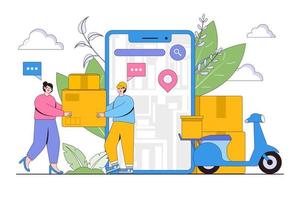 Flat online delivery service, smart logistic with smartphone or mobile app concept. Outline design style minimal vector illustration for landing page, web banner, infographics, hero images