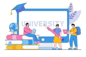 Flat distance education technology concept. Students study online in university or college campus. Outline design style minimal vector illustration for landing page, web banner, infographics
