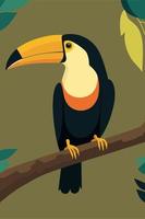 Toucan sitting on a tree branch. Vector illustration in flat style.