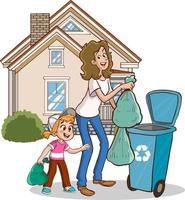 garbage womanand children cartoon vector