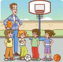 students and teacher in sports lesson cartoon vector