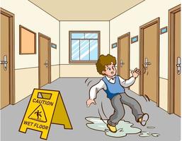 boy slipping on wet floor cartoon vector