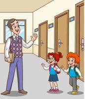 el maestro y los estudiantes saludan en el vector de dibujos animados de la escuela