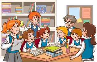 A group of children sitting at the table in the classroom and reading together. Or shelves in the background. Vector illustration of student study group.cartoon.