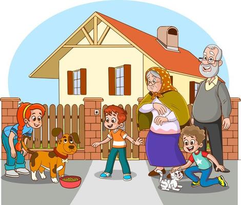 children feeding stray animals cartoon vector