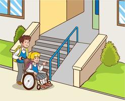 Helpful child carrying her friend in a wheelchair, exemplary behavioral training cartoon vector