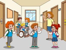 teacher and students greet at school cartoon vector