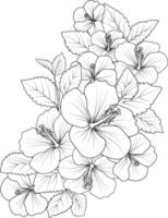 ramo de flores de hibisco, de diseño floral para tarjeta o impresión. ilustración de flores pintadas a mano aislada en fondos blancos, páginas para colorear florales de tinta grabada y libros para imprimir. vector