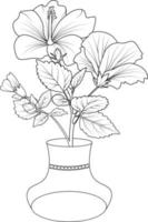 Hibiscus flower bouquet of vector sketch hand drawn illustration, natural collaction branch of leaves bud  vase outline drawing ingraved ink art isolated on white background