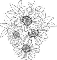 ramo de flor de margarita dibujo a lápiz dibujado a mano página para colorear y libro para adultos aislado sobre fondo blanco tatuaje de elemento floral, arte de tinta de ilustración. vector