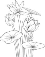 Lotus flower pencil art, Black and white outline vector coloring page and book for adults and children flowers waterlily, with leaves hand drawn engraved ink illustration artistic design.