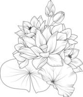 arte de esbozo de flor de loto, estilo vintage impreso para lindas páginas para colorear de flores. ilustración vectorial de una hermosa flor con un ramo de nenúfares y hojas. aislado sobre fondo blanco. vector