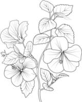 ramo de flores de hibisco dibujado a mano ilustración de boceto vectorial arte de tinta grabado colección de rama de hoja botánica aislada en la página de color de fondo blanco y libros. vector