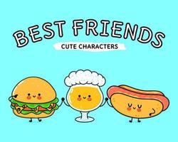 Cute, funny happy glass of beer, hot dog and hamburger . Vector hand drawn cartoon kawaii characters, illustration icon. Funny cartoon glass of beer hot dog and hamburger mascot friends concept