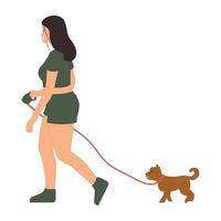 mujer camina con un perro con correa. ilustración vectorial vector