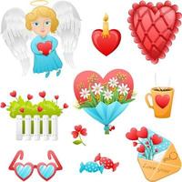 Set of elements for Valentine's Day, an angel with wings, a heart and a bouquet of flowers vector