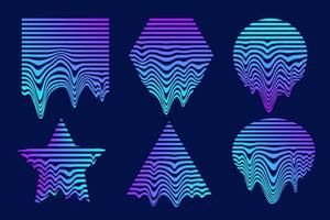 Cyberpunk neon geometric elements. Set of vintage striped melted shapes with holographic gradient. Memphis retro design. Vector futuristic art.