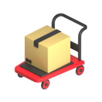 box package on red trolley 3d illustration png