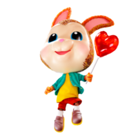 un petit lapin avec un ballon rouge en forme de coeur court dans les airs. png