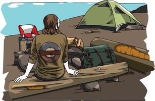 illustration of a girl camping with a tent by the lake vector design