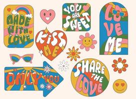 Groovy hippie lettering stickers. Fun retro clipart elements set. Rainbow, flowers,glasses and hearts in 60s, 70s style.