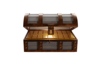 barras o lingotes de oro se colocan en un cofre del tesoro. la caja está hecha de renderizado 3d antiguo. png