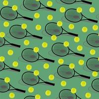 Tennis rackets and balls with shadow isolated on green seamless background. Wrapping paper, textile, print, fabric. vector