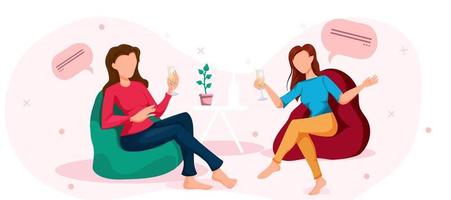 international day of friendship. two girlfriends are chatting and drinking champagne. vector illustration