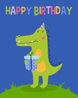 Happy birthday card with fun crocodile. Cute alligator with gift box. Children greeting card for print. Vector cartoon illustration.