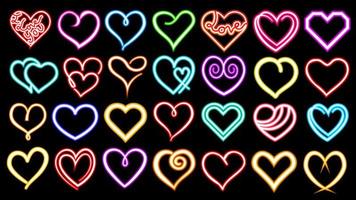 corazones de neón coloridos vectores. luces de neón de colores brillantes en forma de corazón. ilustraciones lineales brillantes, buenas para decoraciones, marcos, texto, diseño de San Valentín y para otros fines. vector