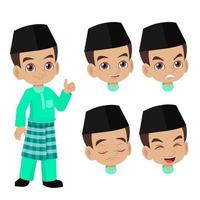Malay boy in traditional costume with face expression set vector