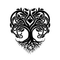 árbol de la vida rizado - yggdrasil con forma de corazón en medio de la copa del árbol. diseño ornamental para logo, mascota, signo, emblema, camiseta, bordado, elaboración, sublimación, tatuaje. vector