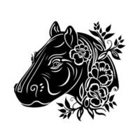 Ornate hippo portrait. Floral vector illustration for logo, emblem, mascot, embroidery, sign, crafting.