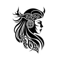 Celtic girl in a helmet, ornate portrait. Black and white, isolated vector illustration for emblem, mascot, sign, poster, card, logo, banner, tattoo.