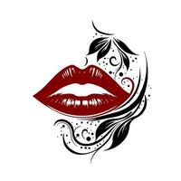 labios femeninos rojos en un patrón floral. ilustración vectorial aislada para logotipo, mascota, signo, emblema, camiseta, bordado, elaboración, sublimación, tatuaje. vector