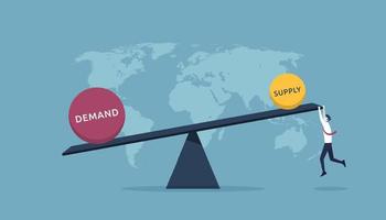 oferta y demanda con balancín que muestra alta demanda y baja oferta, el hombre de negocios intenta equilibrarlo o equilibrarlo para el mundo