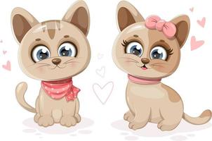 dos dibujos animados y lindos gatitos con corazones vector