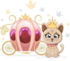 una pequeña y linda princesa gatita con corona cerca del carruaje vector