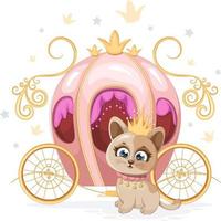 princesa gatita de dibujos animados lindo con corona cerca del carro vector