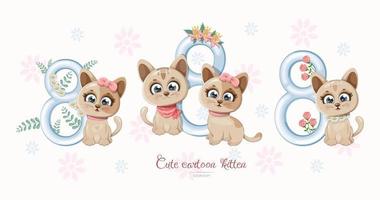 Cute kitten collection with number 8 vector