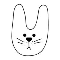 Cute doodle rabbit face from the collection of girly stickers. Cartoon vector white and black illustration.