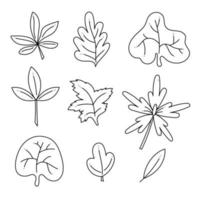 Set with 9 leaves doodle abstract. Hand drawn outline vector illustration.