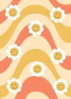Colorful groovy poster in 70s and 60s hippy art style. 70s seamless vector pattern with abstract rainbow waves. Psychedelic background with colorful wavy lines and smiling daisies.