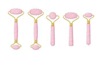 Collection of Rose quartz rollers for facial massage. Rose quartz facial roller. Chinese gua sha massage. Skin care and morning routine. Vector illustration in a flat style.