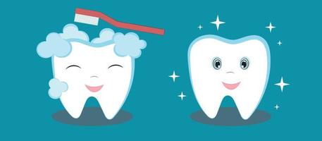 el proceso de cepillarse los dientes. diente limpio y sano. imagen para odontología, odontología pediátrica. dientes sanos, cómo cuidar sus dientes. cepillado de dientes, pasta de dientes y cepillo. vector