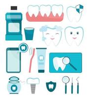un conjunto de elementos para odontología, accesorios para el cuidado dental, salud bucal. dientes sanos, cómo cuidar los dientes. cepillado de dientes, pasta de dientes y cepillo. un conjunto de imágenes para una clínica dental. vector
